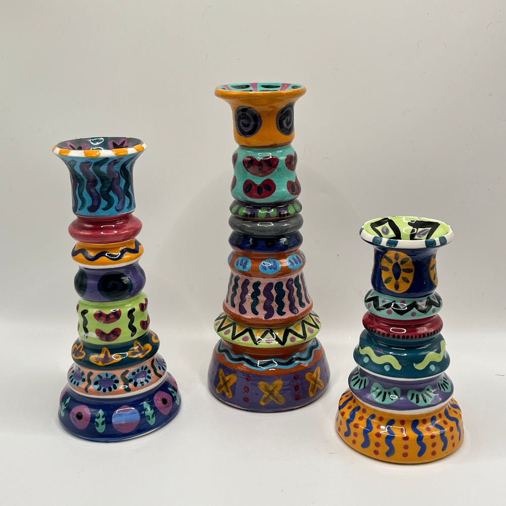 Hand Painted Ceramic Candlestick Set 3 Mackenzie Childs Style Colorful Eclectic